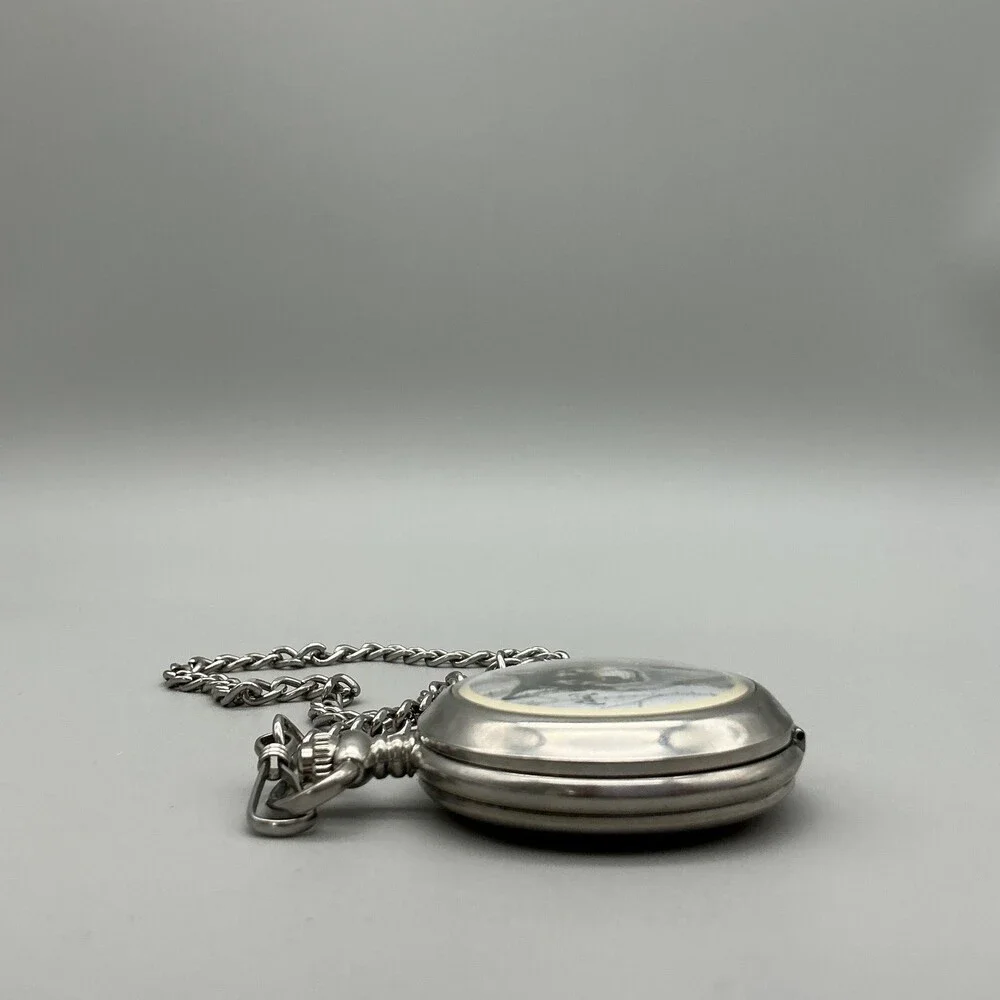 Al Agnew Pocket Watch Men 47mm Silver Tone Wolf Full Hunter Chain Analog